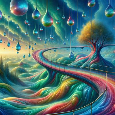 The primary subject of the image is a rainbow-colored bridge with a tree in the background. The bridge is surrounded by numerous rainbow-colored balls, creating a vibrant and lively atmosphere. The setting appears to be a fantasy world, with the bridge and balls serving as the main focus of the scene. The visual style of the image is a combination of digital art and illustration, with the vivid colors and intricate details contributing to the overall mood of the picture.